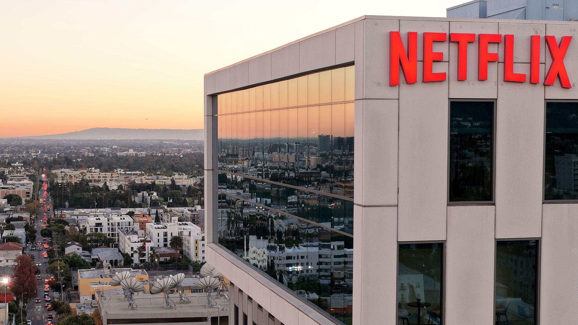 Netflix logo on LA building at sunset