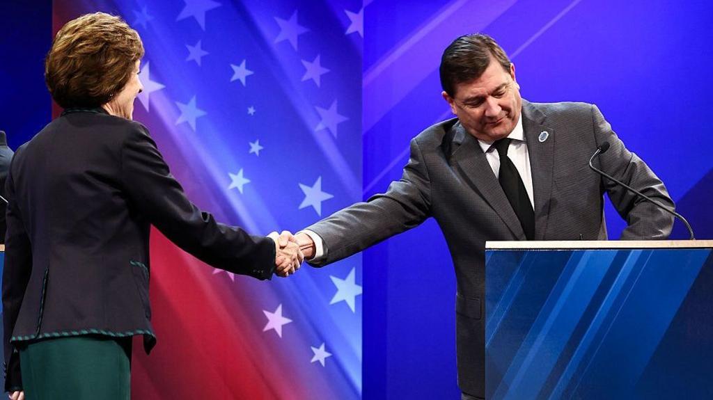 Susan Collins shakes hand with Troy Jackson