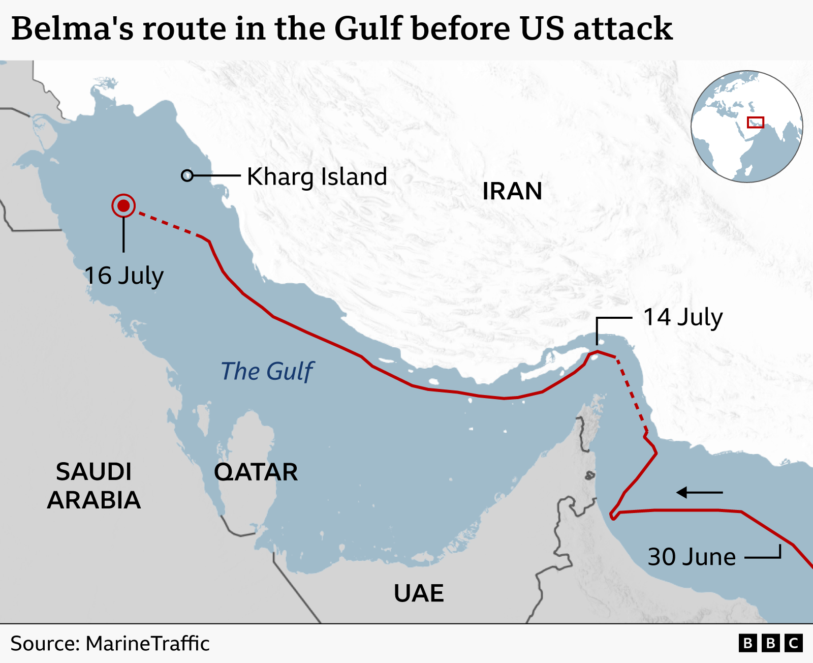 Map showing Belma’s route from the Gulf of Oman to Kharg Island