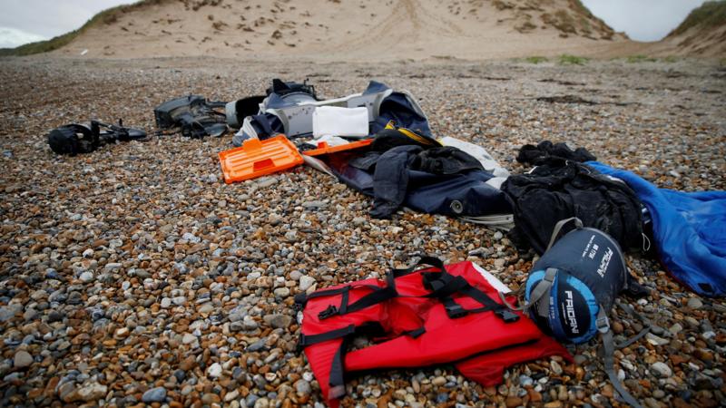 Life jackets and belongings left abandoned on a beach in northern France after the 2021 Channel disaster