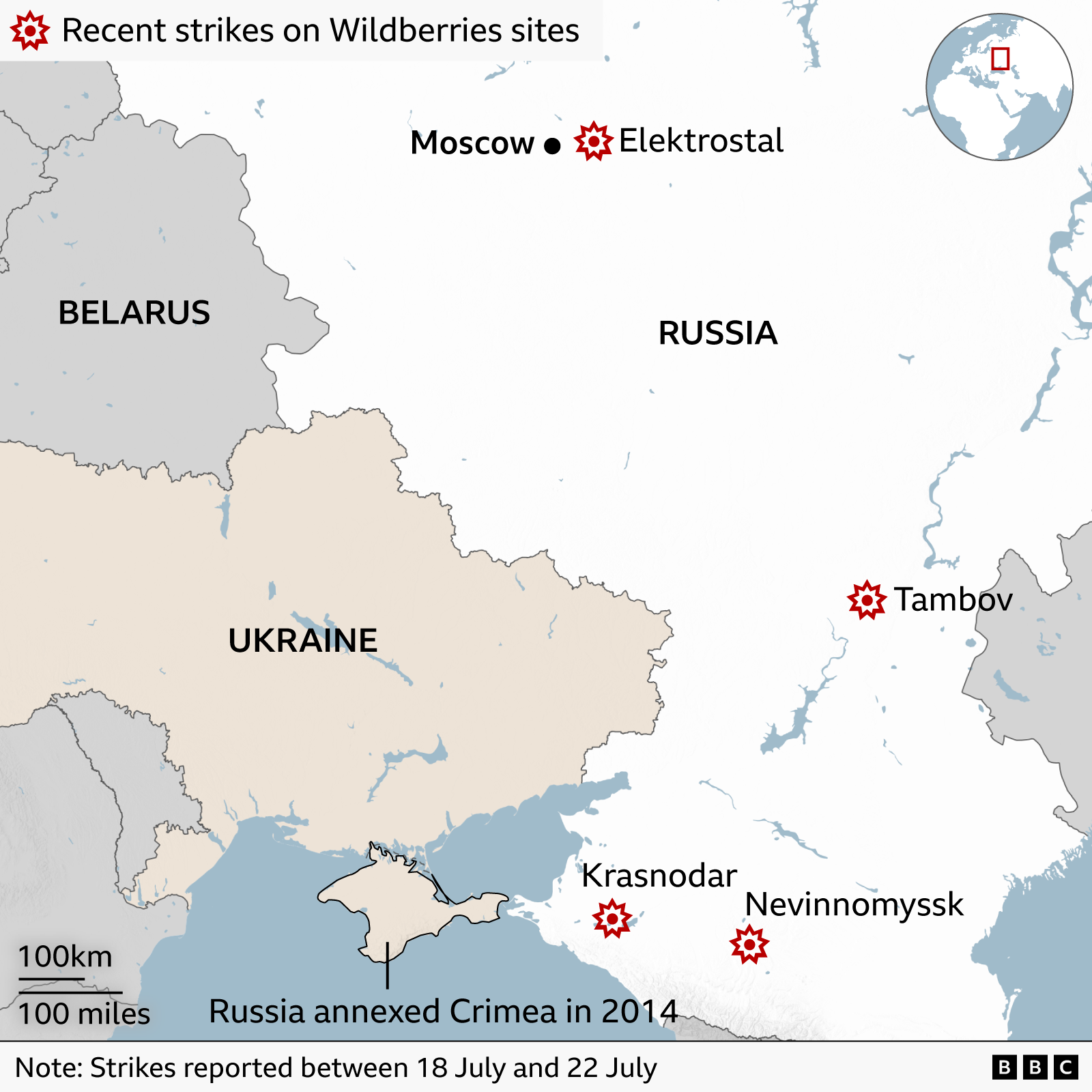 Map of eastern Europe highlighting Russian and Ukrainian zones, with Wildberry sites marked