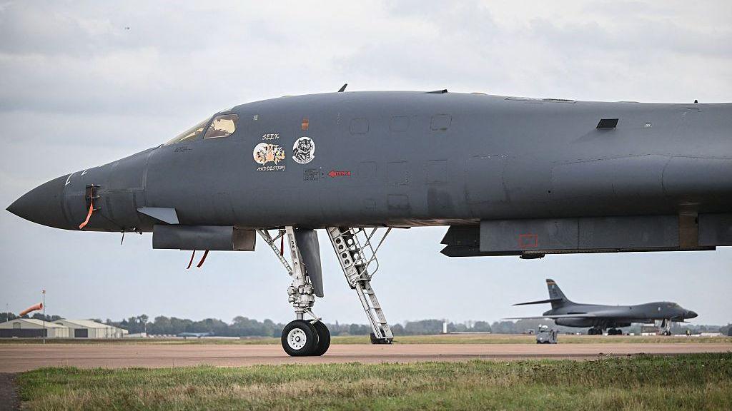The nose of the Rockwell B1 Lancer heavy bomber on the runway at RAF Fairford.