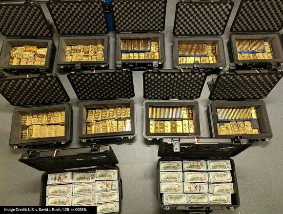 Stacks of cash and gold bars at Rush's home