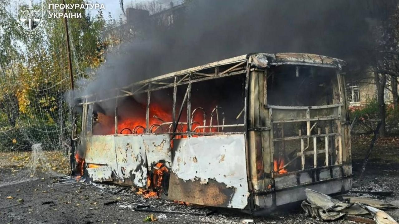 Burning bus in Kramatorsk