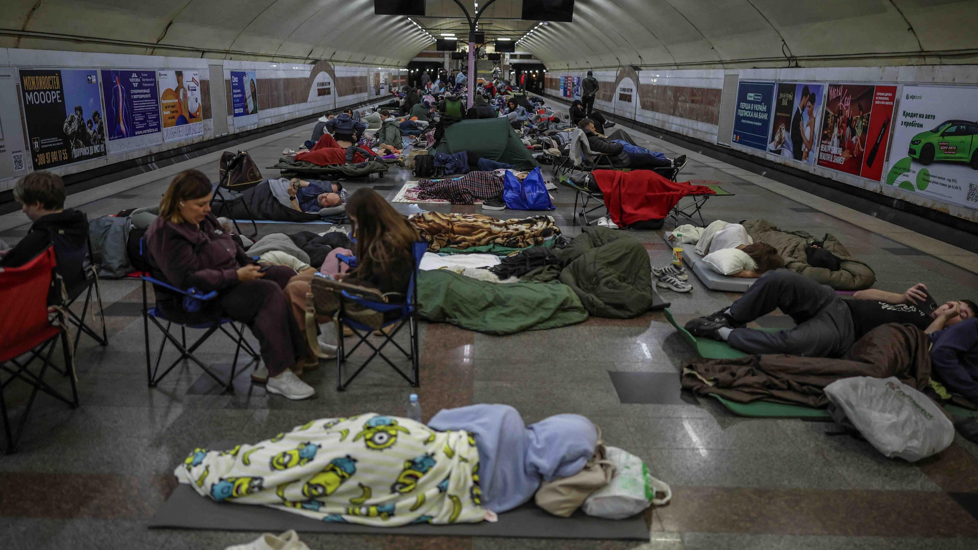 Kyiv residents shelter in metro station during Russian strike