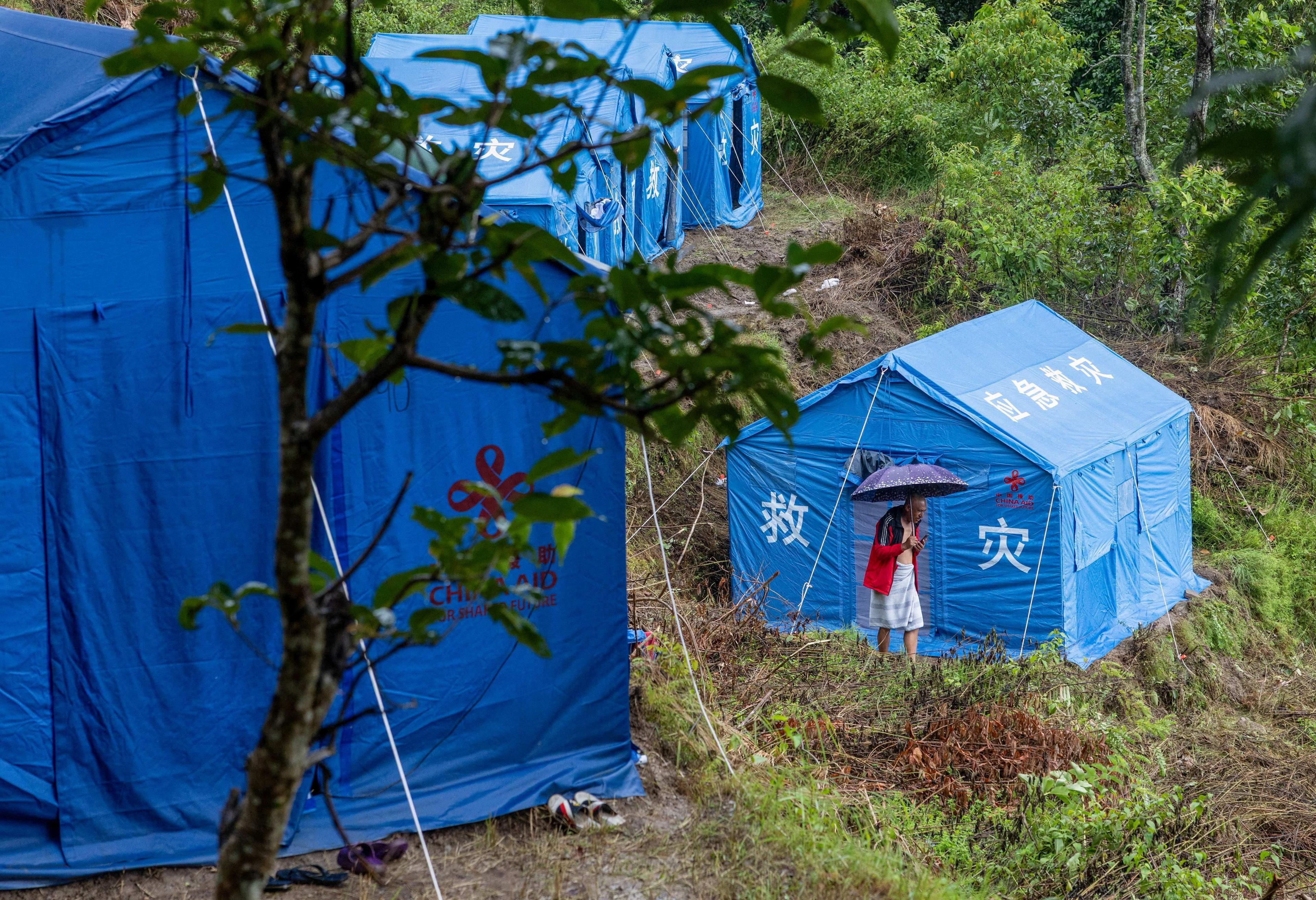 Emergency tents on Nepali hillside