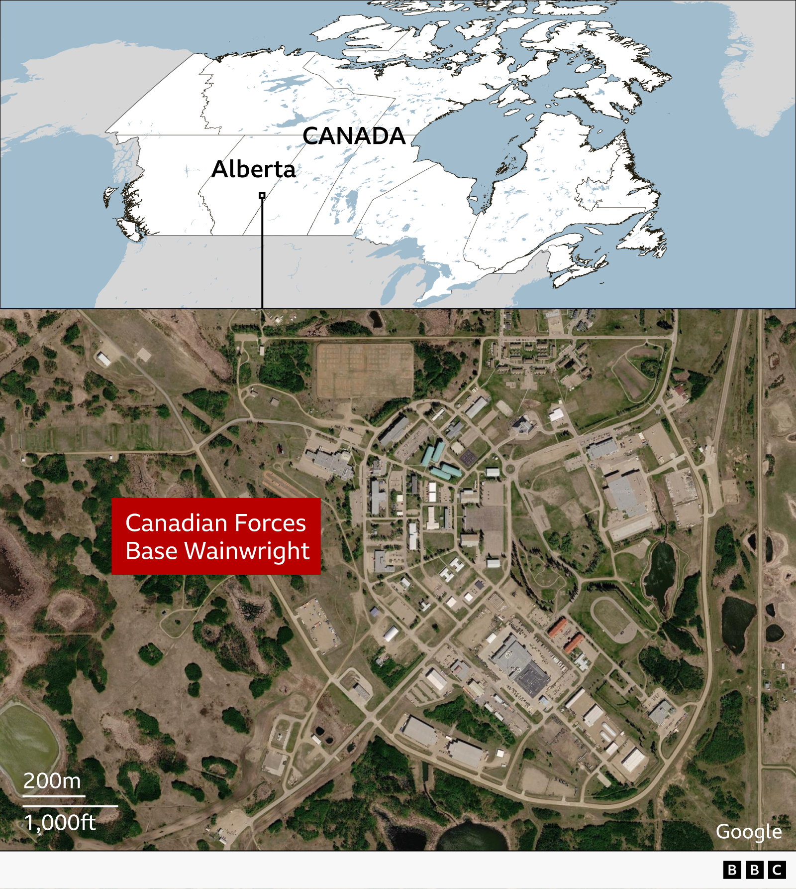 Map of Canada showing Alberta location of Wainwright base